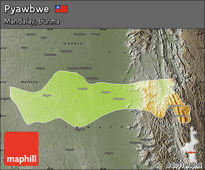 Physical Map of Pyawbwe, darken, semi-desaturated