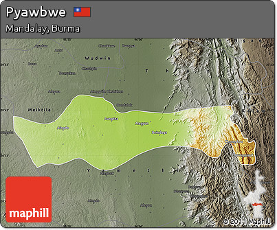 Physical Map of Pyawbwe, darken, semi-desaturated