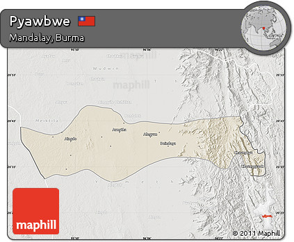 Shaded Relief Map of Pyawbwe, lighten, semi-desaturated