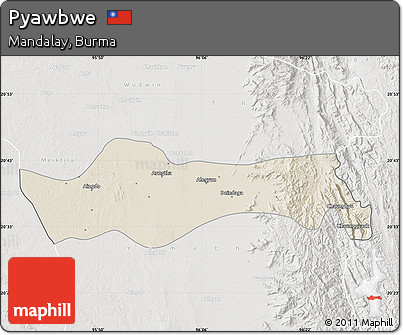 Shaded Relief Map of Pyawbwe, lighten, semi-desaturated