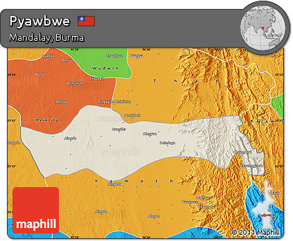 Shaded Relief Map of Pyawbwe, political outside
