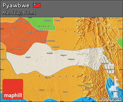 Shaded Relief Map of Pyawbwe, political outside