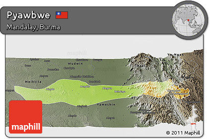 Physical Panoramic Map of Pyawbwe, darken, semi-desaturated