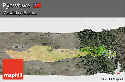 Satellite Panoramic Map of Pyawbwe, darken, semi-desaturated