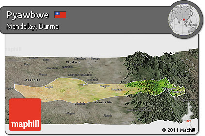 Satellite Panoramic Map of Pyawbwe, darken, semi-desaturated