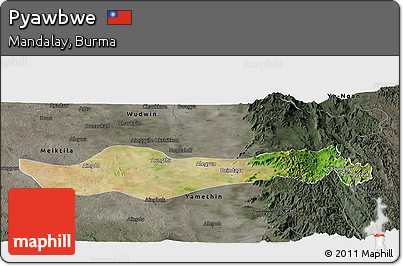 Satellite Panoramic Map of Pyawbwe, darken, semi-desaturated