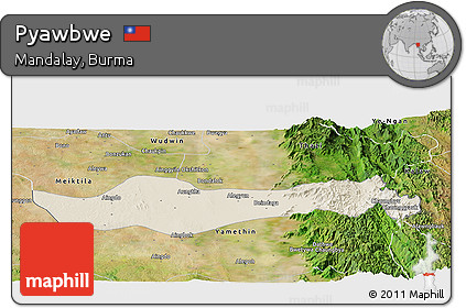 Shaded Relief Panoramic Map of Pyawbwe, satellite outside