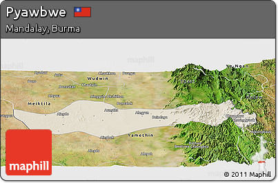 Shaded Relief Panoramic Map of Pyawbwe, satellite outside