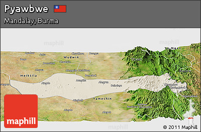 Shaded Relief Panoramic Map of Pyawbwe, satellite outside