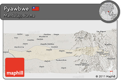 Shaded Relief Panoramic Map of Pyawbwe, semi-desaturated