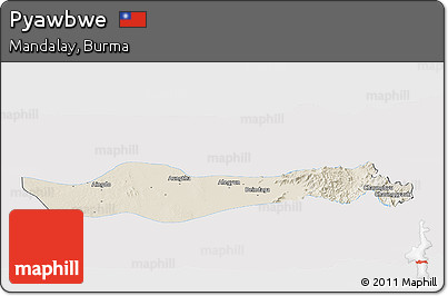 Shaded Relief Panoramic Map of Pyawbwe, single color outside