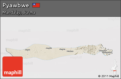 Shaded Relief Panoramic Map of Pyawbwe, single color outside