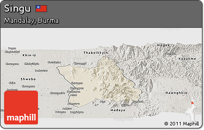 Shaded Relief Panoramic Map of Singu, semi-desaturated