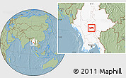 Savanna Style Location Map of Yamethin, highlighted country, hill shading