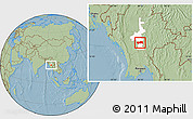 Savanna Style Location Map of Yamethin, highlighted parent region, hill shading