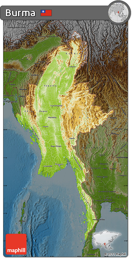 Physical Map of Burma, darken