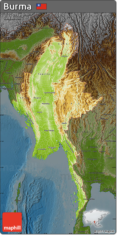 Physical Map of Burma, darken