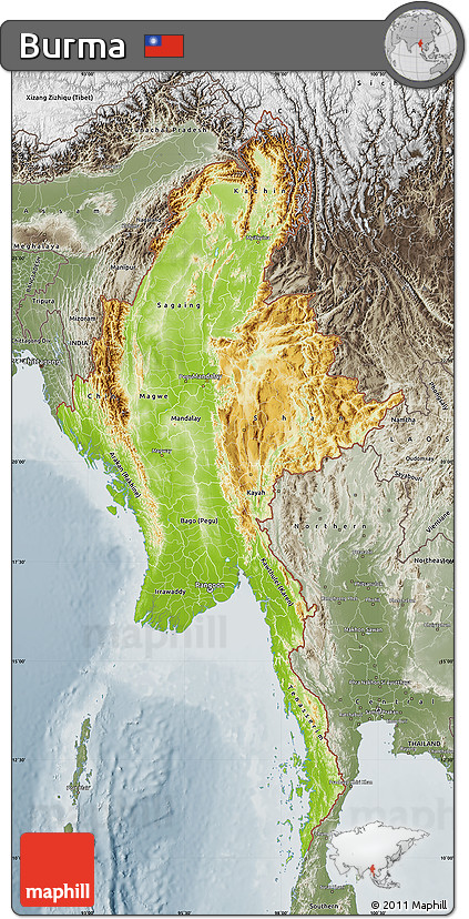 Physical Map of Burma, semi-desaturated