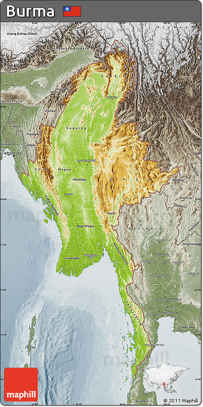 Physical Map of Burma, semi-desaturated