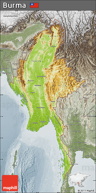 Physical Map of Burma, semi-desaturated