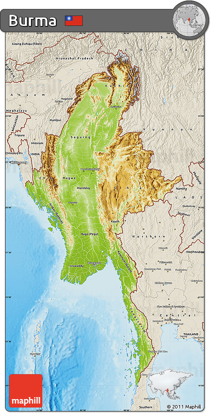 Physical Map of Burma, shaded relief outside