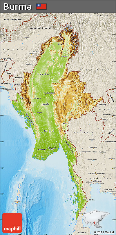 Physical Map of Burma, shaded relief outside