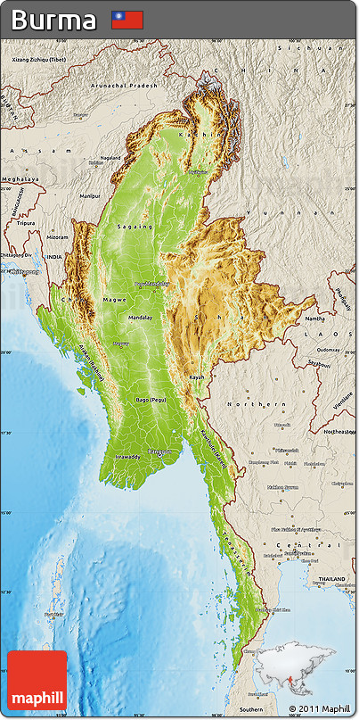 Physical Map of Burma, shaded relief outside