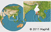 Satellite Location Map of Moulmein, highlighted country, highlighted parent region, within the entire country