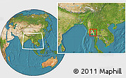 Satellite Location Map of Moulmein, highlighted parent region, within the entire country