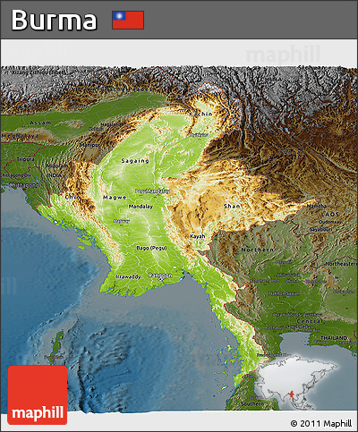 Physical Panoramic Map of Burma, darken