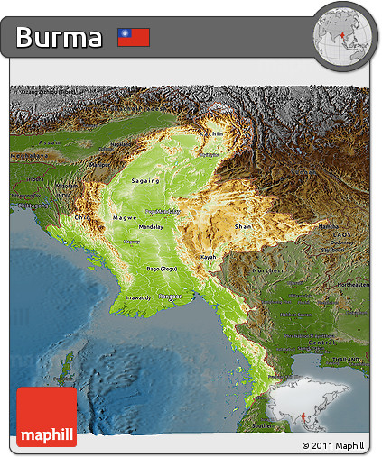 Physical Panoramic Map of Burma, darken