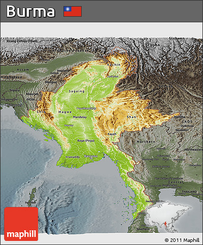 Physical Panoramic Map of Burma, darken, semi-desaturated