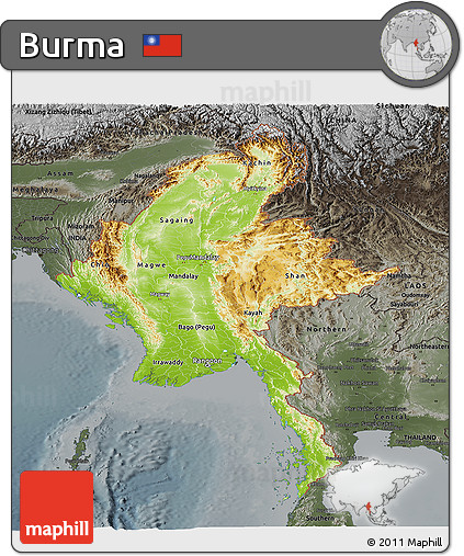 Physical Panoramic Map of Burma, darken, semi-desaturated