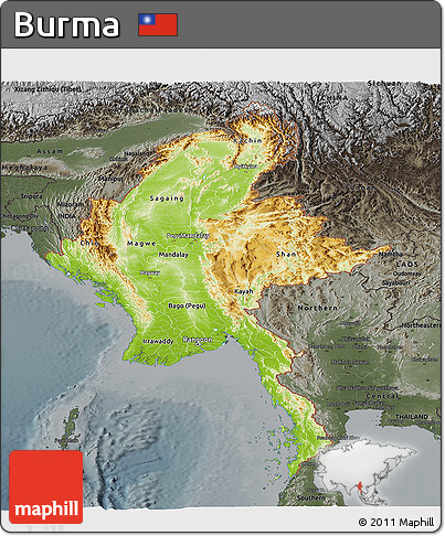 Physical Panoramic Map of Burma, darken, semi-desaturated