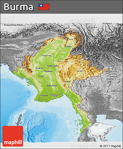 Physical Panoramic Map of Burma, desaturated, land only