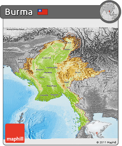 Physical Panoramic Map of Burma, desaturated, land only