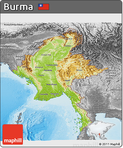 Physical Panoramic Map of Burma, desaturated, land only