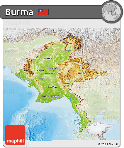 Physical Panoramic Map of Burma, lighten, land only