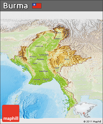 Physical Panoramic Map of Burma, lighten, land only