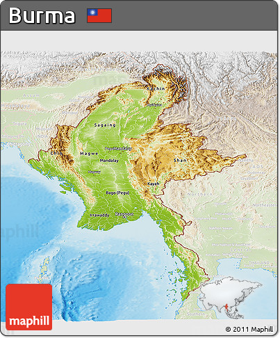 Physical Panoramic Map of Burma, lighten, land only