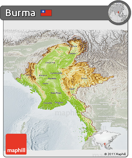Physical Panoramic Map of Burma, lighten, semi-desaturated
