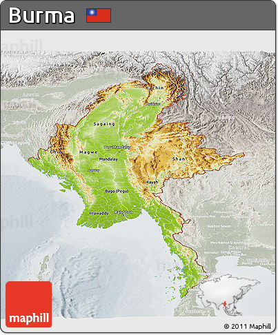 Physical Panoramic Map of Burma, lighten, semi-desaturated