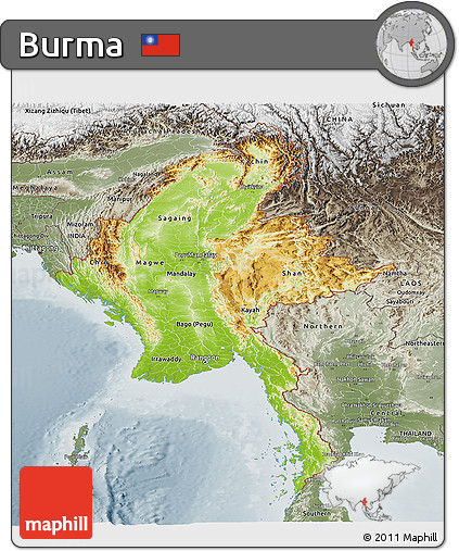 Physical Panoramic Map of Burma, semi-desaturated