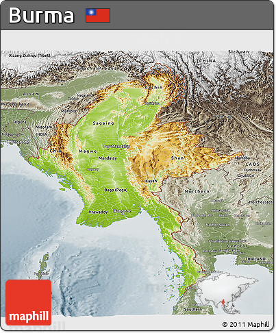 Physical Panoramic Map of Burma, semi-desaturated