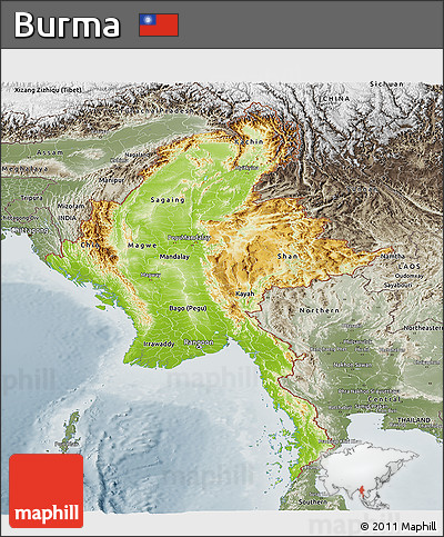 Physical Panoramic Map of Burma, semi-desaturated