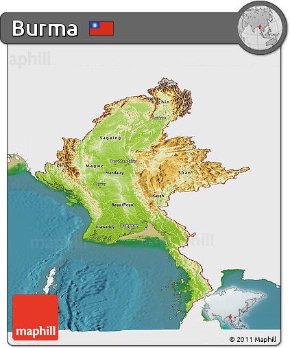 Physical Panoramic Map of Burma, single color outside, satellite sea