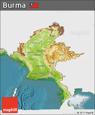 Physical Panoramic Map of Burma, single color outside, satellite sea