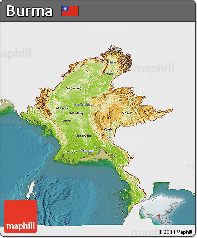 Physical Panoramic Map of Burma, single color outside, satellite sea