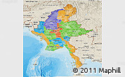 Political Panoramic Map of Burma, shaded relief outside, bathymetry sea