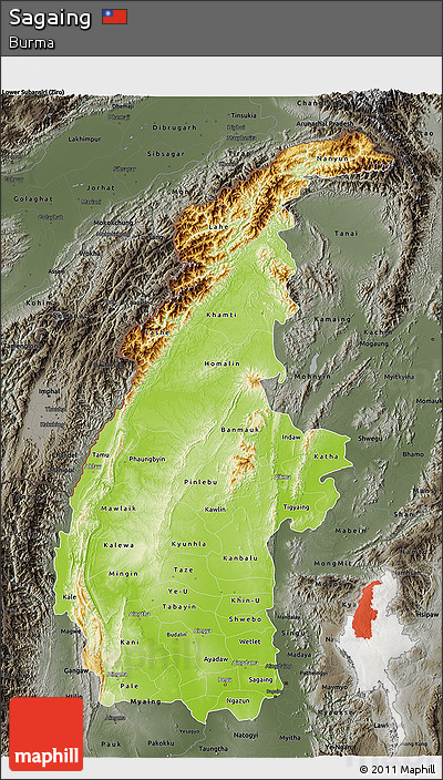Physical 3D Map of Sagaing, darken, semi-desaturated